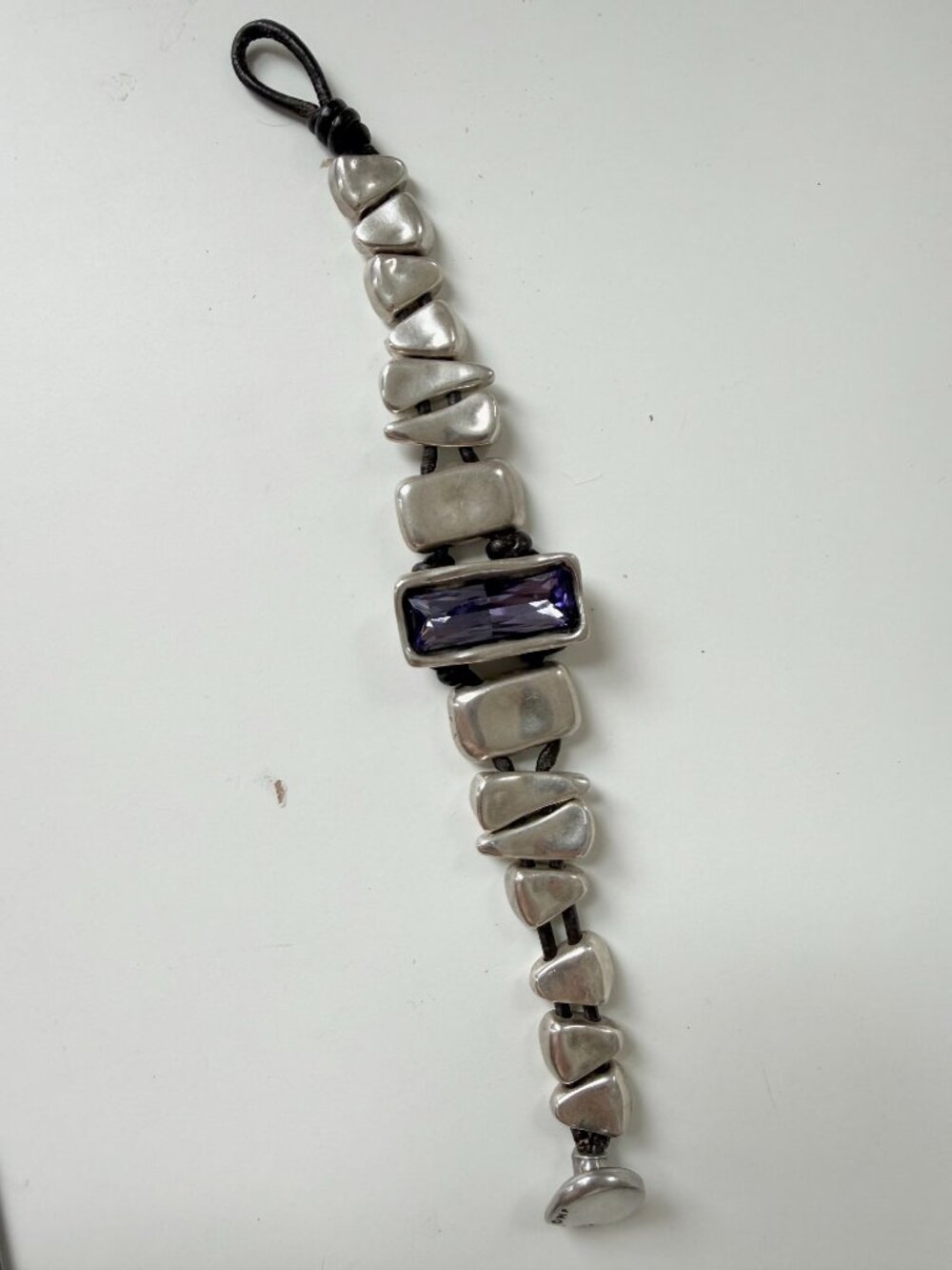 Uno De 50 Chunky Silver Bead Leather Bracelet With Purple Gem Stone